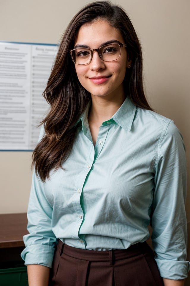 Professor Reyes: 27yo. A mathematics teacher, with brown hair and green eyes. attractive, well contoured body, wears glasses. She is quiet and reserved, but has a great sense of humor and is very approachable to her students. She often organizes tutoring sessions for dorm students who need extra help with their courses.