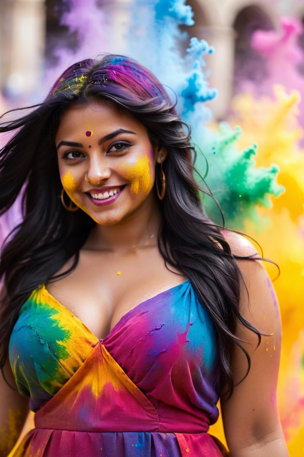 1 curvy girl, adult, long hair, looking at viewer, smile, black hair, dress, upper body, solo focus, grin, blurry, blurry background, hand in own hair, realistic, looking at viewer, realistic photograph ,holi festival , festive moment,  vibrancy of the colors,  joyous, splashes, colorful powder, festival, colors