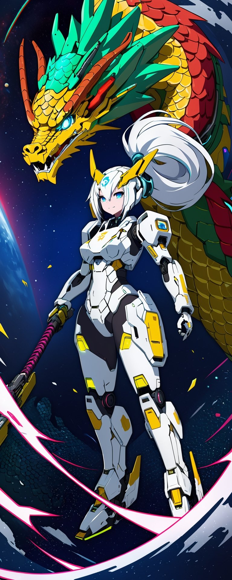 Full body,  outer_space,  robot female, human face, dragon skin, dragon scale pattern ,holding dragon head weapon, with long white hair,dragon-themed, complex background:1.1,Chinese Dragon,Mecha,Cyberpunk,Katon