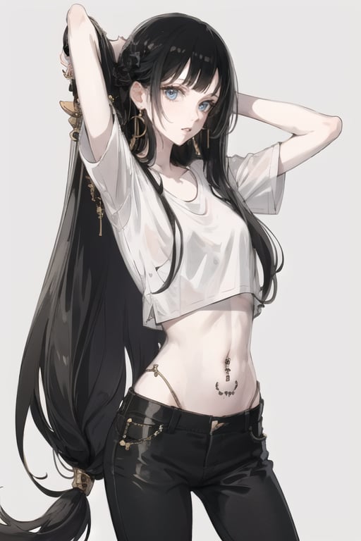1girl, solo, long hair, black hair, piercing, shirt, white shirt, midriff, simple background, crop top, navel, pants, bangs, ear piercing, navel piercing, looking at viewer, black pants, very long hair, white background, short sleeves, blunt bangs, mouth hold, jewelry, grey background, earrings