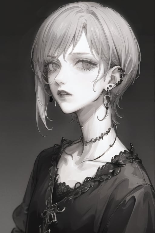 gothic, grey_hair, short_hair, 1boy, earrings, solo, ear_piercing