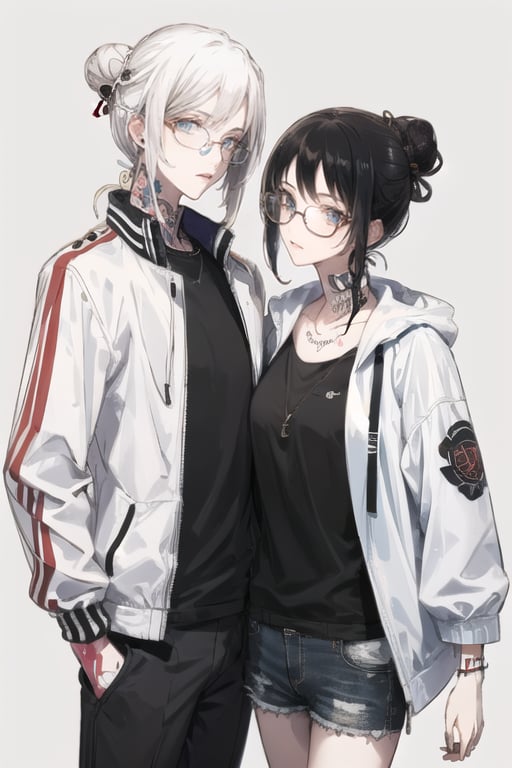 white hair, glasses, jacket, white jacket, tattoo, black hair, simple background, looking at viewer, black shirt, hair bun, 2girl,