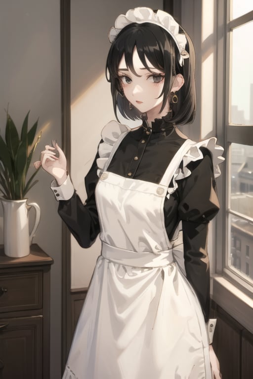 1girl, solo, maid, black hair, maid headdress, apron, indoors, maid apron, black eyes, window, short hair, dress, long sleeves, white apron, earrings