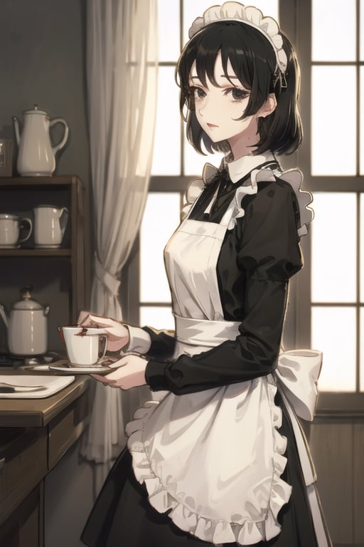 1girl, solo, maid, black hair, maid headdress, apron, indoors, maid apron, black eyes, window, short hair, dress, long sleeves, white apron, earrings