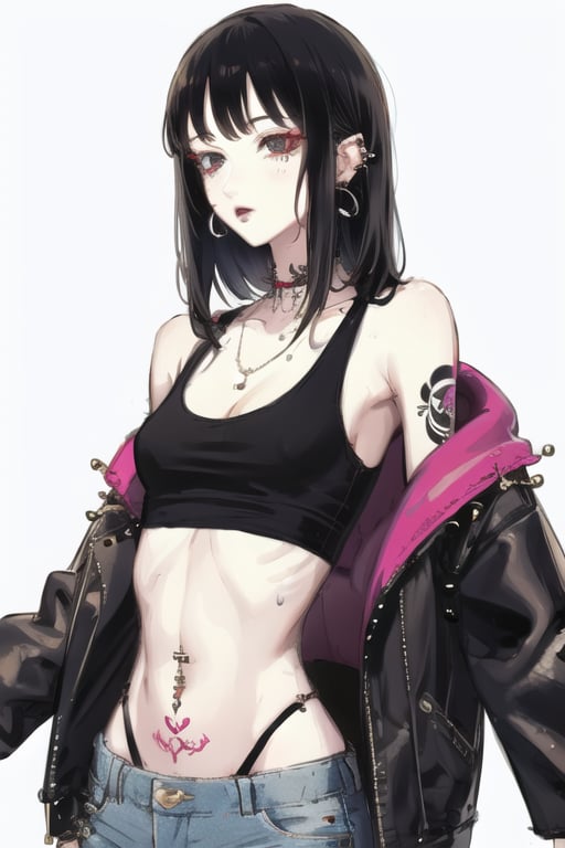 black hair, long hair, piercing, short hair, 2girls, ear piercing, multiple girls, jewelry, tattoo, earrings, navel, navel piercing, simple background, 1boy, bangs, tank top, white tank top, lip piercing, blunt bangs, 1girl, underwear,tattoo