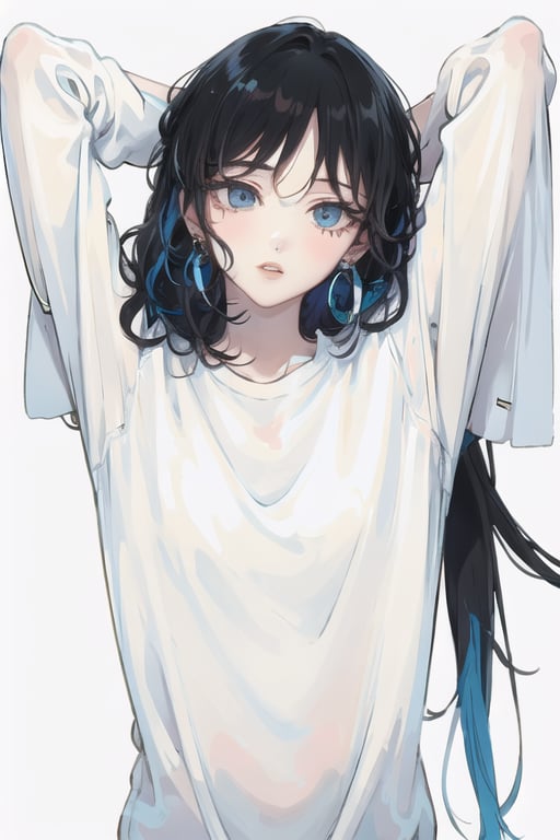 1girl, solo, jewelry, earrings, long hair, black hair, white background, simple background, looking at viewer, blue eyes, bangs, upper body, long sleeves, shirt, white shirt, parted lips, multicolored hair, blue hair, sleeves past wrists, lips, hands up