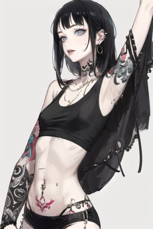 black hair, long hair, piercing, short hair, 2girls, ear piercing, multiple girls, jewelry, tattoo, earrings, navel, navel piercing, simple background, 1boy, bangs, tank top, white tank top, lip piercing, blunt bangs, 1girl, underwear,tattoo