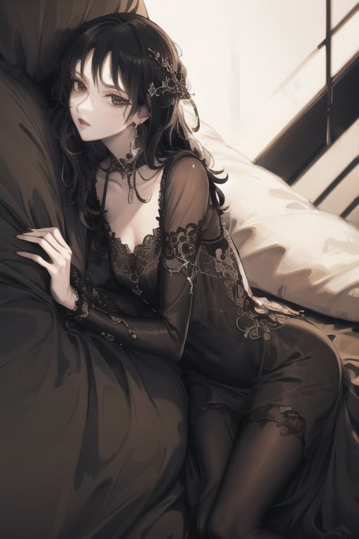 style by NTY, a woman, dark dress, exposed, intricate details, bed, abstract 