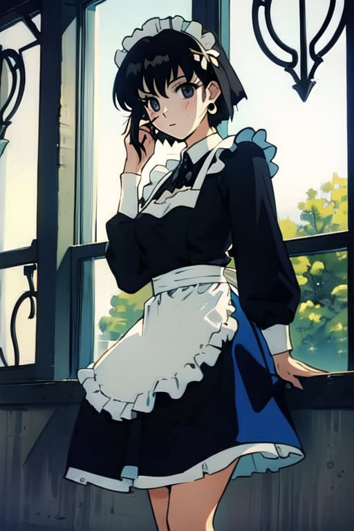 1girl, solo, maid, black hair, maid headdress, apron, indoors, maid apron, black eyes, window, short hair, dress, long sleeves, white apron, earrings,1990s \(style\)