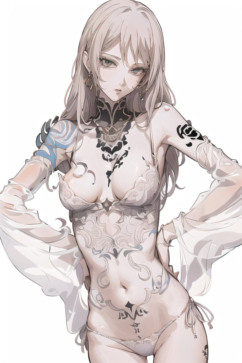 a woman with tattoos on her chest and chest, lineart inspired by senior character artist, pixiv, fantasy art, anime character; full body art, highly detailed full body, detailed full body, anime woman fullbody art, highly detailed exquisite fanart, beautiful alluring anime woman, seductive anime girl, detailed manga style, nier inspired, full body detailed,