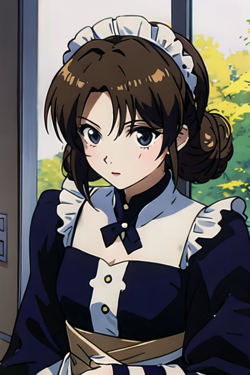 1girll, maidennurse,  brunette color hair, mature, aprons, maid headdress, Single bun, black eye, hair-bun, looking at viewert, maid apronl,narberal_gamma, A high resolution, tack sharp focus, Pixiv masterpiece, （（Complicated details））, The is very detailed,1990s \(style\)
