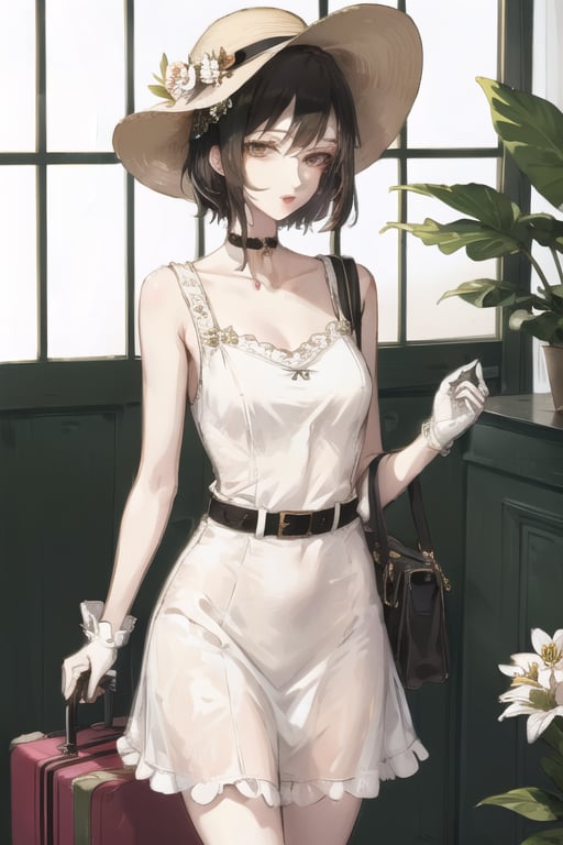 1girl, hat, dress, gloves, suitcase, solo, white dress, short hair, choker, white gloves, window, white headwear, sun hat, flower, looking at viewer, sleeveless, sleeveless dress, collarbone, black hair, hat flower, holding, luggage, bangs, parted lips, standing, frills, indoors, rolling suitcase, black choker, brown eyes, black eyes, plant, belt