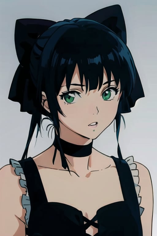 1girl, solo, green eyes, bare shoulders, parted lips, black hair, ribbon, upper body, choker, looking at viewer, drill hair, collarbone, black ribbon, simple background, bangs, frills, grey background, bow,1990s \(style\)