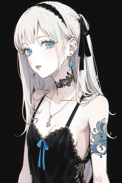 1girl, solo, jewelry, long hair, breasts, blue eyes, earrings, tattoo, parted lips, hair ribbon, dress, looking at viewer, ribbon, black background, black dress, black ribbon, bangs, necklace, small breasts, upper body, collarbone, hairband, choker,tattoo