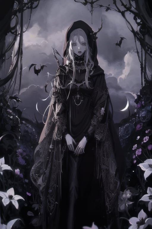there is a woman in a cloak and hat standing in a garden, gothic maiden anime girl, zerochan art, dark fantasy style art, dark witch character, /!\ the sorceress, fashionable dark witch, dark fantasy style, zerochan, portrait of a dark witch, dark robed witch, l vampire, dark flower shaman, masterpiece goddess of sorrow
