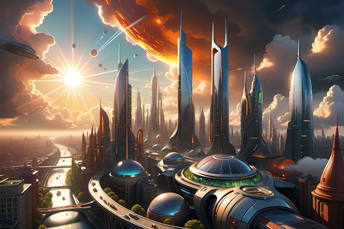 Illustrate a futuristic city, in the year 65536, in digital arts style, with volumetric lighting and a commanding presence that perfectly embodies the essence of Big Vie(Great life), the sun and clouds should portray the figure B, and underneath a lifely city full of activities. ,3D