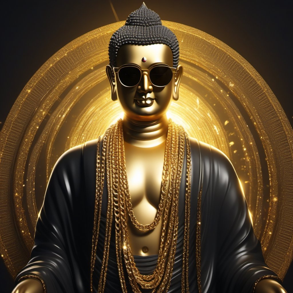 An illustration of Buddha dressed in Glittering Fashion clothing, black jacket, dark golden shades, gold diamond chains, dark eyes glasses, in digital arts style, with volumetric lighting, 
more detail XL,Modern, ultra HD, 4K resolution 