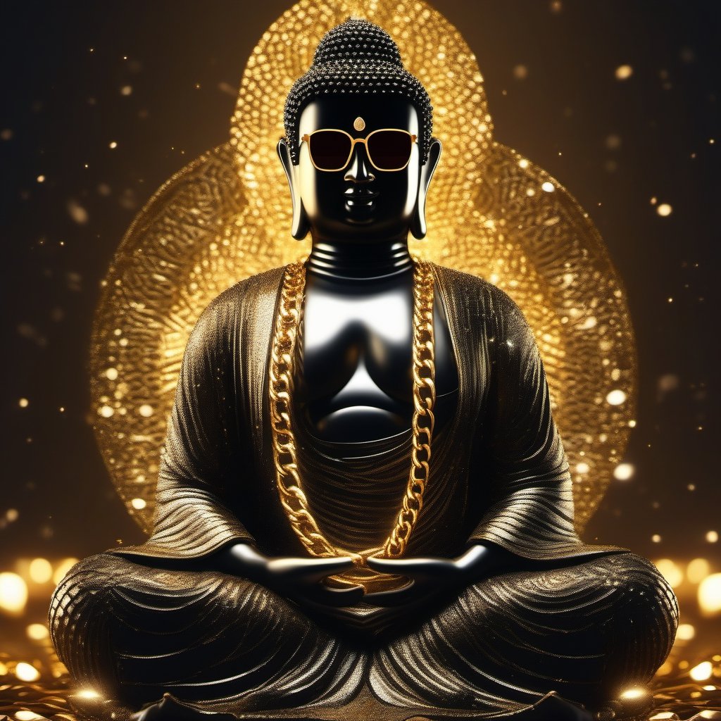 An illustration of Buddha, dressed in Glittering Fashion clothing, black jacket, dark golden shades, gold diamond chains, dark eyes glasses, in digital arts style, with volumetric lighting, 
more detail XL,Modern, ultra HD, 4K resolution ,Expressiveh