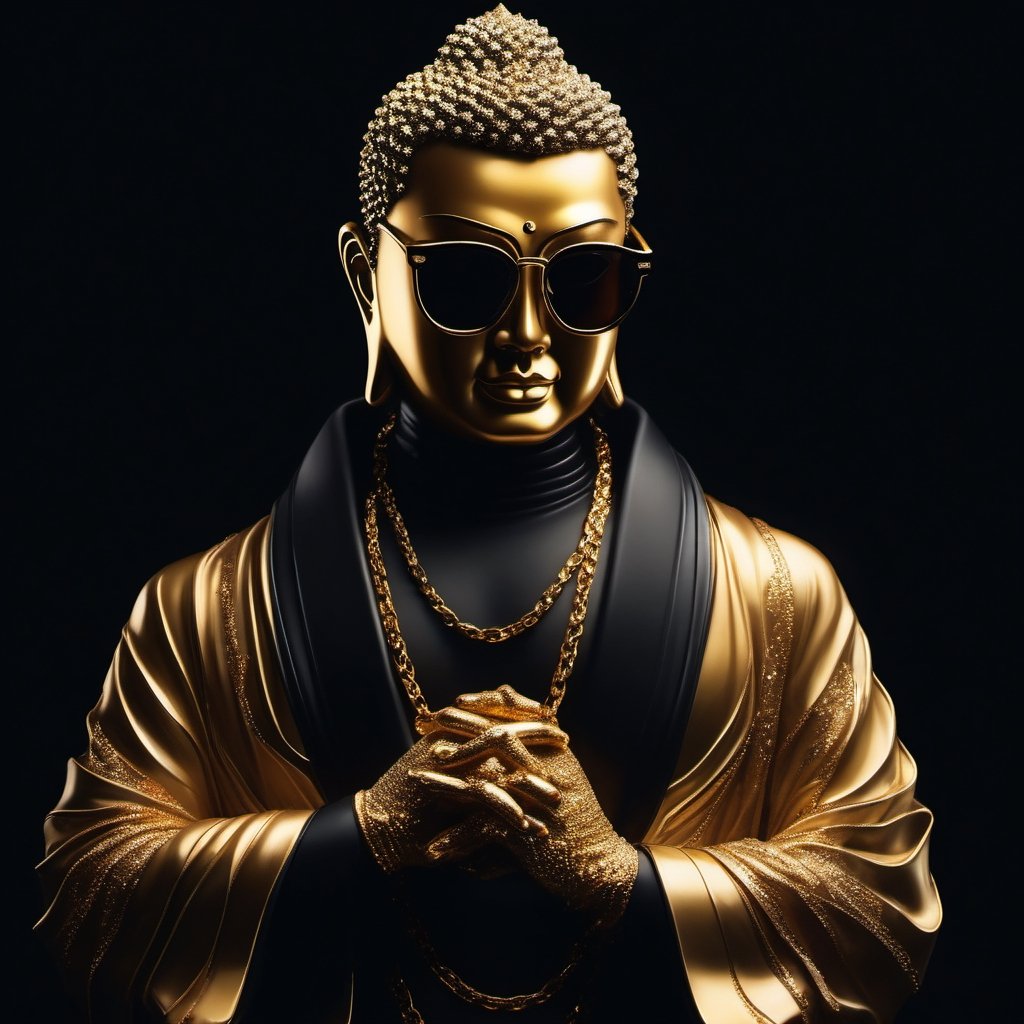 A futuristic Buddha body strikes an introspective pose, donning a gleaming black jacket from a high-end fashion brand. Dark golden shades and Diamonds-encrusted chain glint in the volumetric lighting, as he rests his hands on his nose, eyes hidden behind dark glasses. The background fades into a mesmerizing gradient with silhouette of Yakuza Oyabun , with intricate details, Perfect features, Perfect hands, Perfect fingers, and textures that pop at XL, Modern, Ultra HD, 4K resolution, Leonardo Style