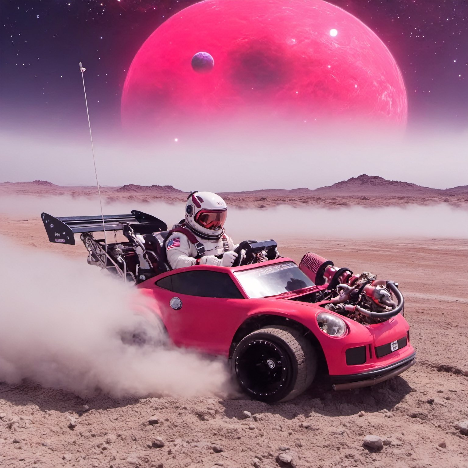 cat, sci-fi style an astronaut cat driving a burgundy and white color pturbo, at a alien planet, mysterious fog behind, smoke, high speed, front view, focus on the car, animation, galaxy, milky way, planets, galactical, nasa . futuristic, technological, alien worlds, space themes, advanced civilizations