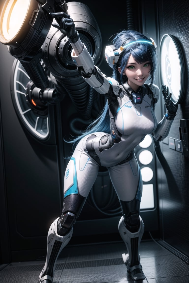 A woman, big sniper rifle, wearing white wick suit with parts in blue + robotic armor with lights, wearing helmet with transparent colored visor, blue hair, rebellious hair, messy hair, hair with bangs in front of the eye, looking at the viewer, (((sensual pose with interaction and leaning on anything+object+leaning against))), in a spaceship with many structures,  equipment, robots, computers, elevator, ((full body):1.5), 16K, UHD, unreal engine 5, quality max, max resolution, ultra-realistic, ultra-detailed, maximum sharpness, ((perfect_hands):1), Goodhands-beta2, [super metroid], cyberware, cybernetic