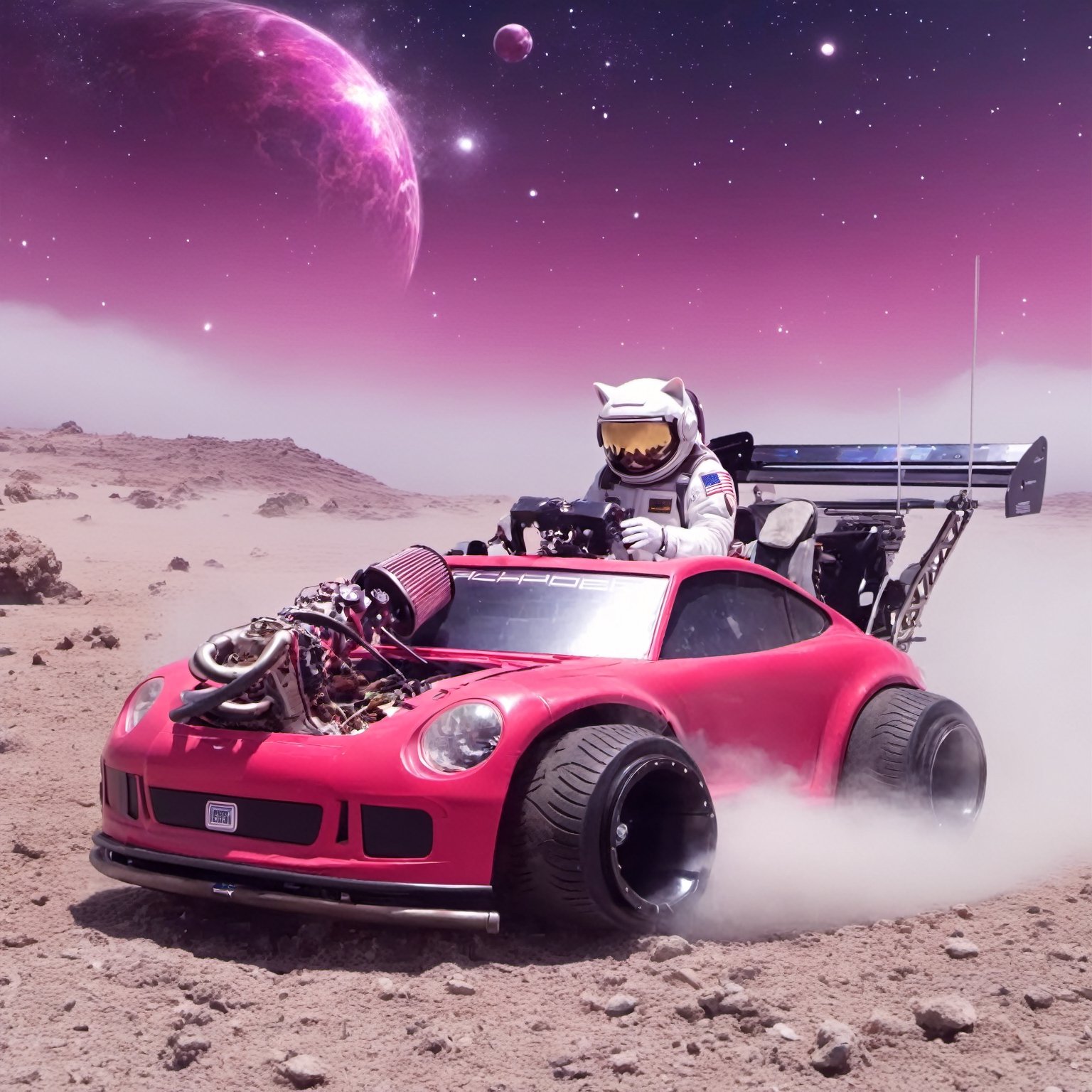 cat, sci-fi style an astronaut cat driving a burgundy and white color pturbo, at a alien planet, mysterious fog behind, smoke, high speed, front view, focus on the car, animation, galaxy, milky way, planets, galactical, nasa . futuristic, technological, alien worlds, space themes, advanced civilizations