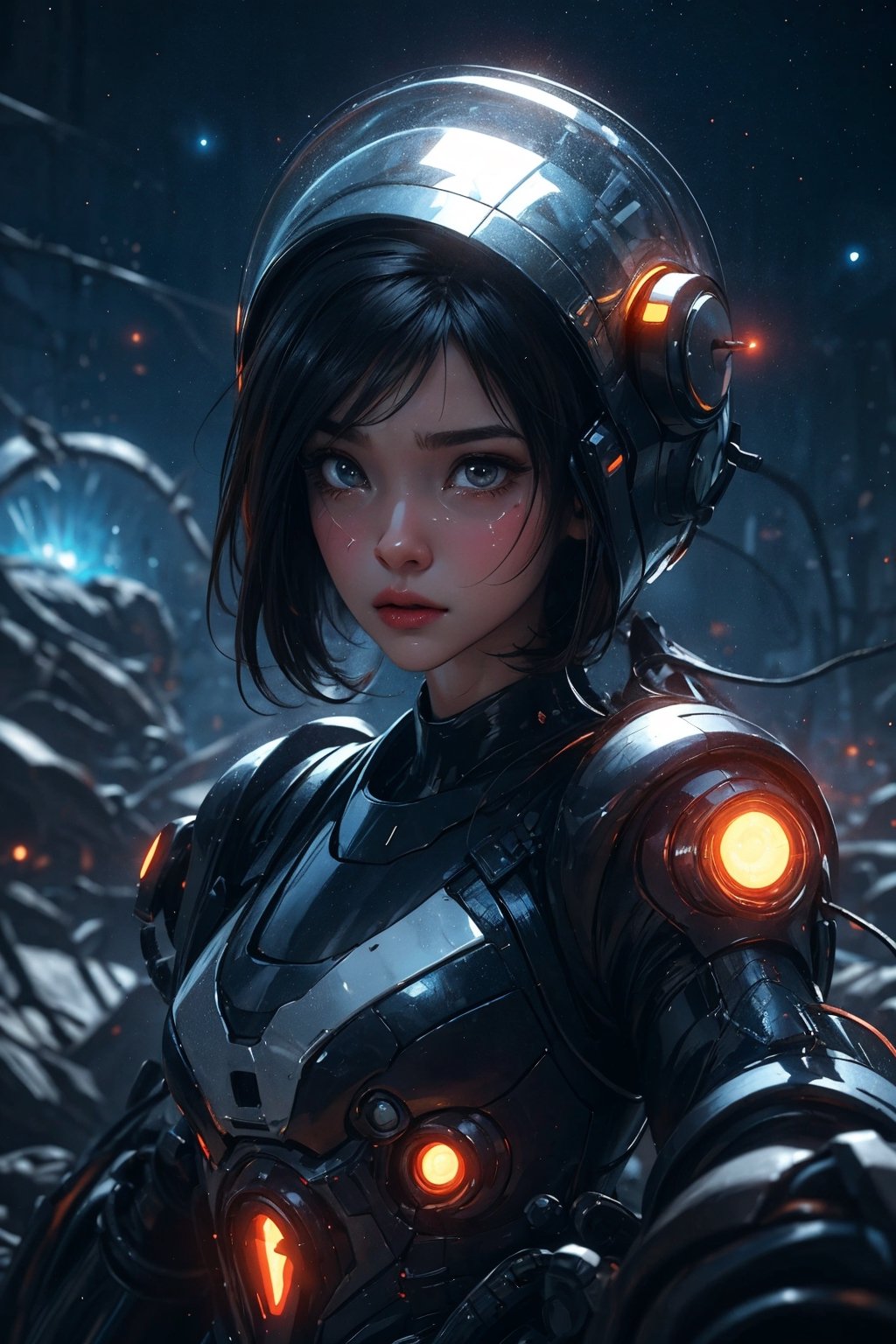 a girl, thunder Orange, tight and black suit,Space helmet of the 1990s, crying, and the anime series ace, blue theme, Fantastic Surrealism, Post-apocalyptic, sad Illustration, Bio-Robotic Art, Fantasy Digital Painting, Arctic Landscapes, Surrealism, Geomorphologie-Kunst, Fluid Art,  Biomechanical Sculpture, Kemono, Beautiful Girl Turned to the Camera, 3D Vector Art, Greg Rutkowski,  Detailedface, Detailedeyes, 1 girl,shodanSS_soul3142,Endsinger,SAM YANG,yorha no. 2 type b