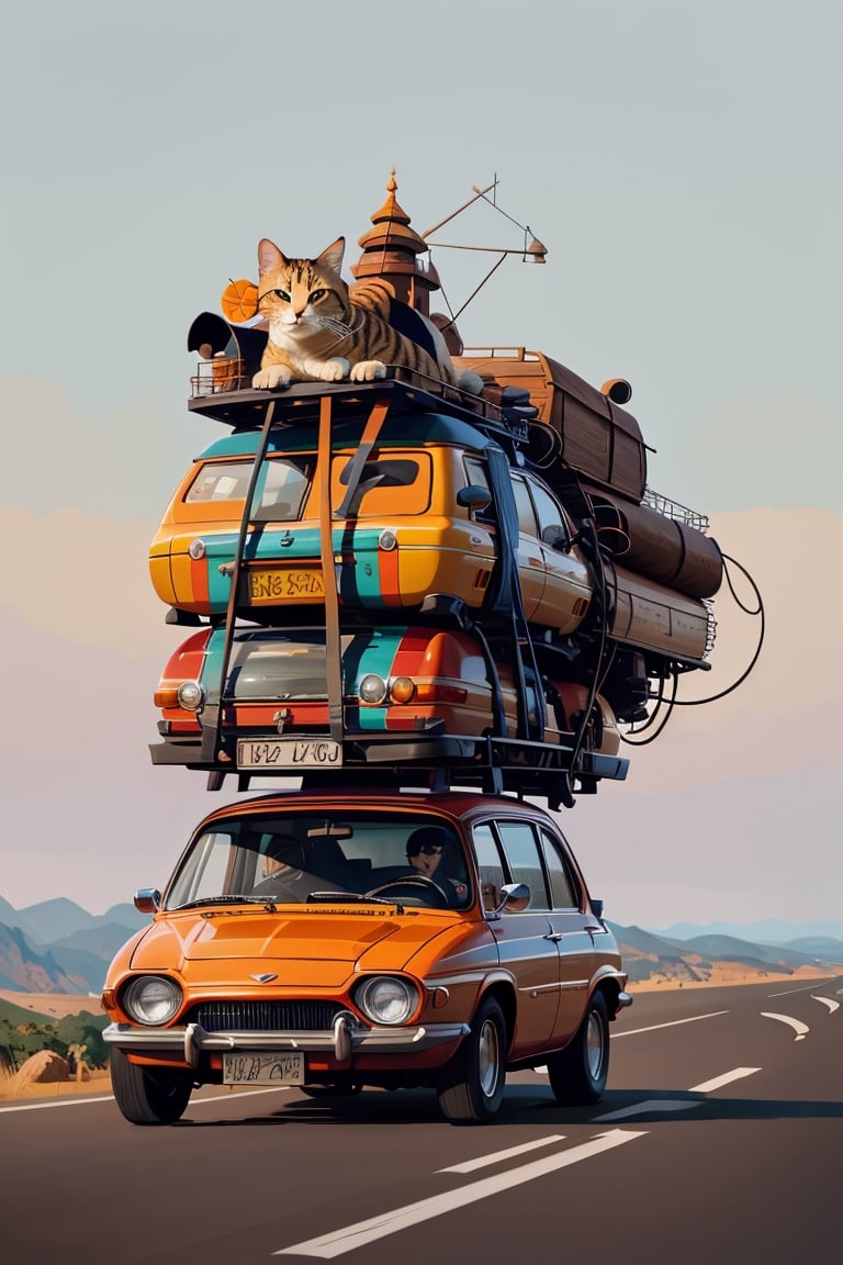 car, on the road, driving, an absurdly loaded car, disney style, most beautiful artwork in the world, professional majestic oil painting, trending on ArtStation, trending on CGSociety, Intricate, High Detail, Sharp focus, sharp image,hd, realistic reflects,dramatic, photorealistic painting art, catoonized, pinterest,xyzsanart01