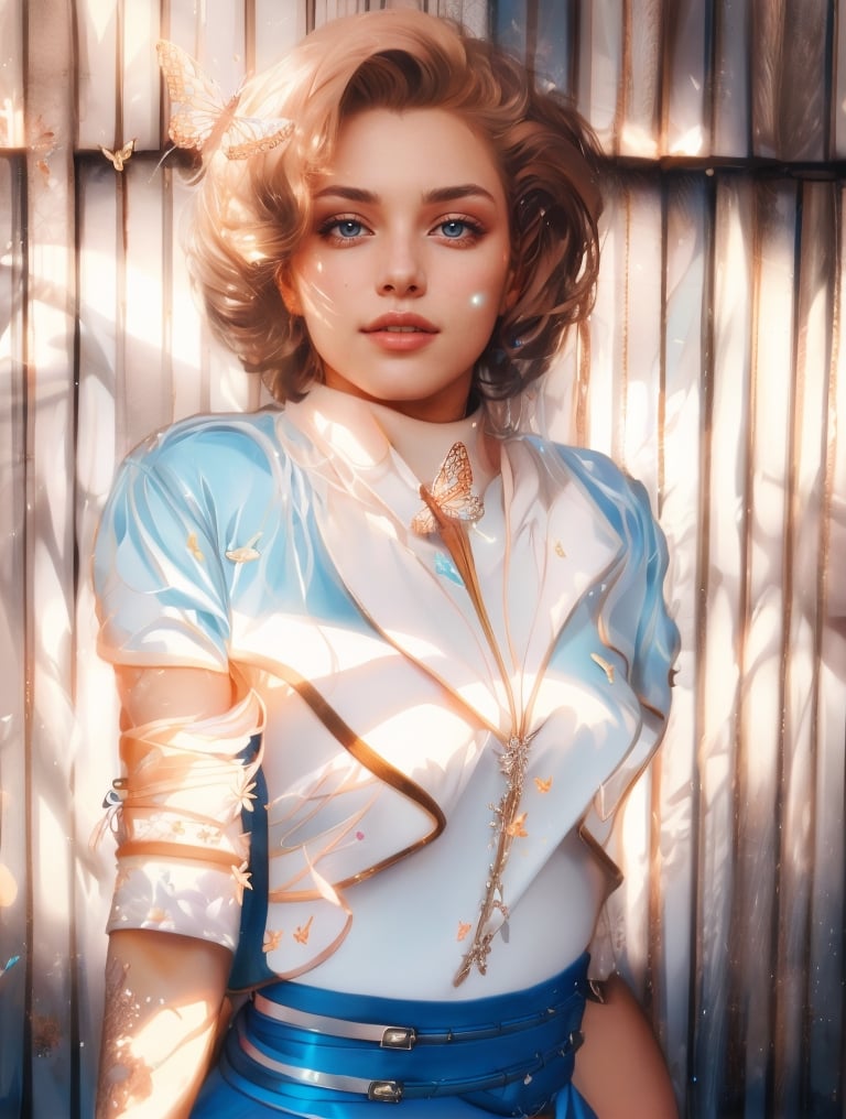 1 girl, yuzu, Marilyn Monroe, 8k portrait of beautiful cyborg with brown hair, intricate, elegant, highly detailed, majestic, digital photography, art by artgerm and ruan jia and greg rutkowski surreal painting gold butterfly filigree, broken glass, (masterpiece, sidelighting, finely detailed beautiful eyes: 1.2), hdr, (detailed background window to a new dimension, plants and flowers:0.7)  infinity, infinite symbol,1 girl,wo_fmmika01