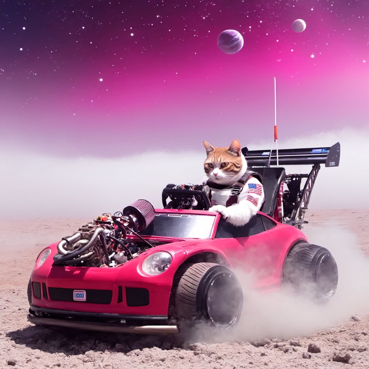 cat, sci-fi style an astronaut cat driving a burgundy and white color pturbo, at a alien planet, mysterious fog behind, smoke, high speed, front view, focus on the car, animation, galaxy, milky way, planets, galactical, nasa . futuristic, technological, alien worlds, space themes, advanced civilizations