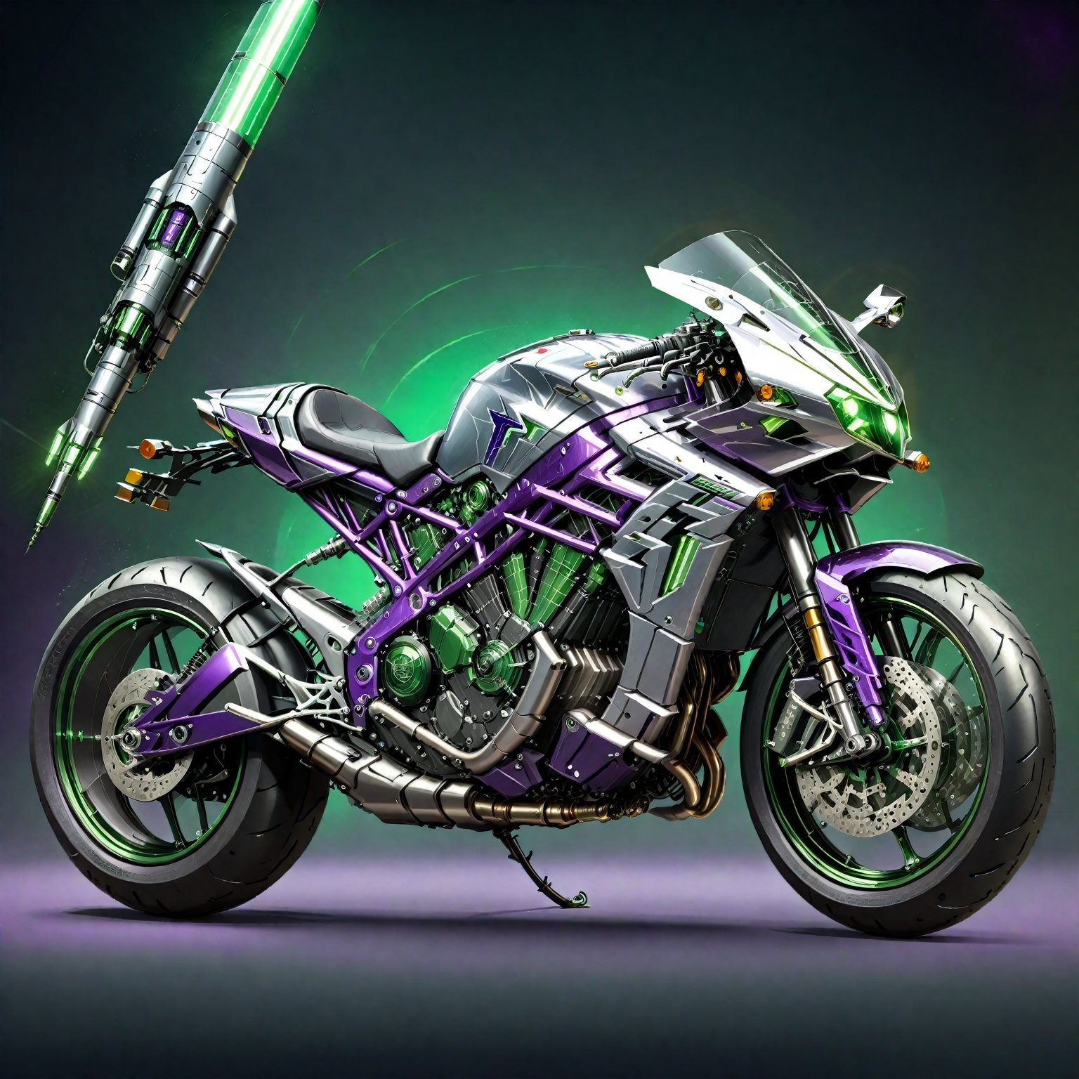 futuristic_and_detailed,
the fusion of H2_ZX1000N_style_motorcycles and and rockets, replica_motorcycle, green and metal silver, light_deep_purple_decoration,
8k, cinematic_lighting,cyberpunk, cinematic_lighting, side_view,
