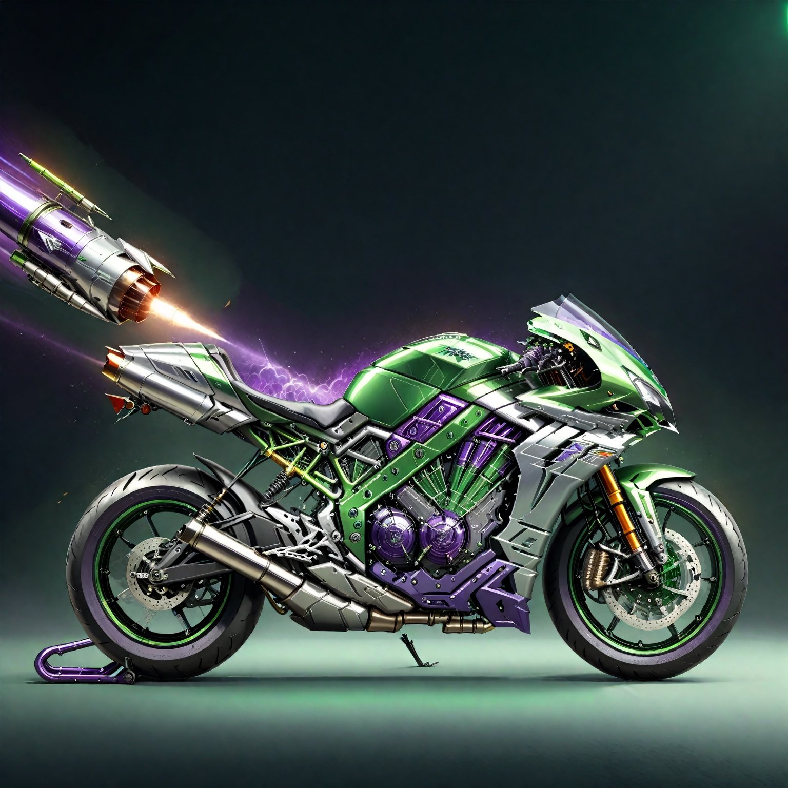 futuristic_and_detailed,
the fusion of H2_ZX1000N_style_motorcycles and and rockets, replica_motorcycle, green and metal silver, light_deep_purple_decoration,
8k, cinematic_lighting,cyberpunk, cinematic_lighting, side_view,
