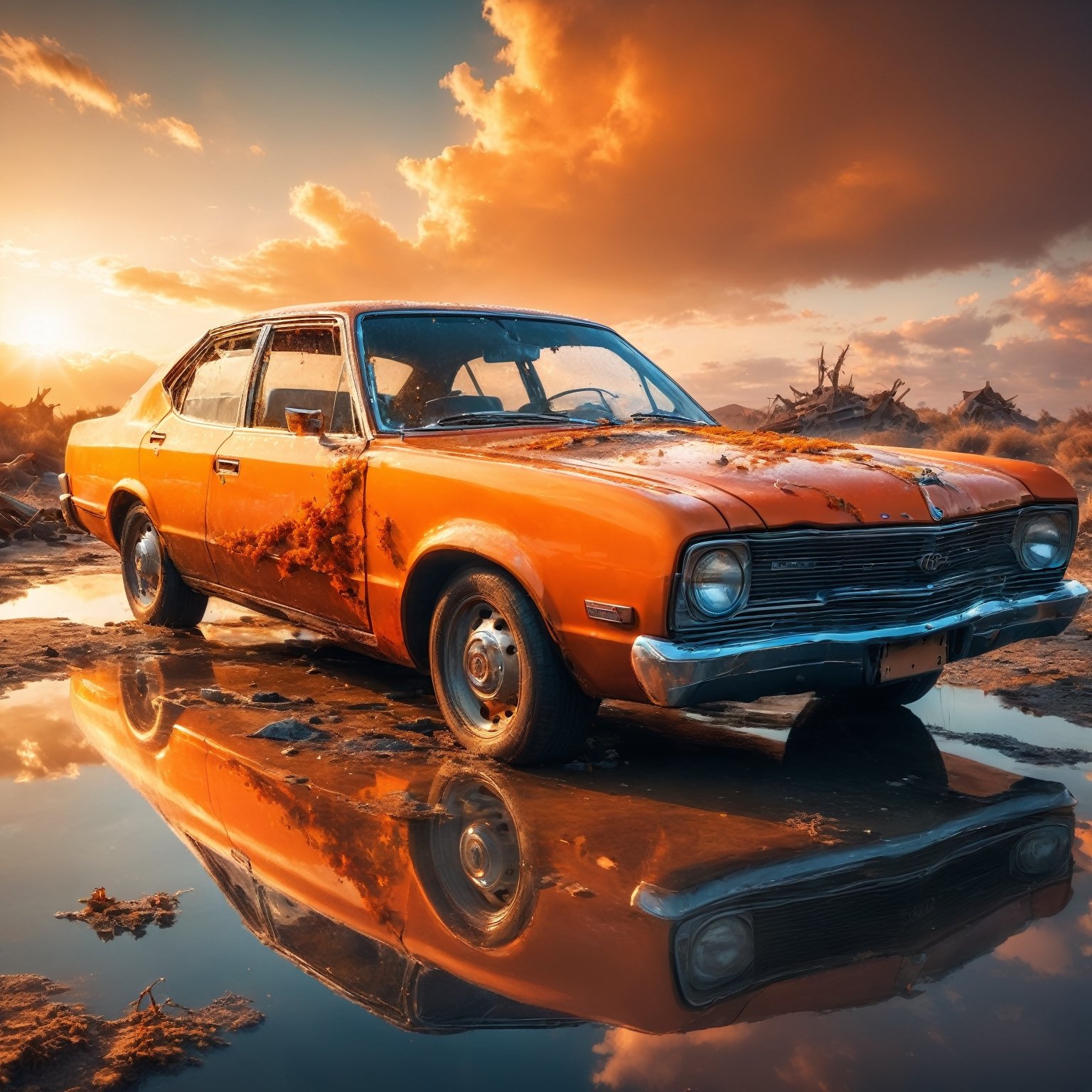 lovely double exposure image by blending together a wrecked cars and a glass orange. The sky should serve as the underlying backdrop, with its details subtly incorporated into the glossy glass orange, sharp focus, double exposure, glossy orange, (translucent glass figure of an orange) (sky inside) lifeless, dead, earthy colors, decadence, intricate design, hyper realistic, high definition, extremely detailed, dark softbox image, raytracing, cinematic, HDR, photorealistic (double exposure:1.1), IncrsXLRanni