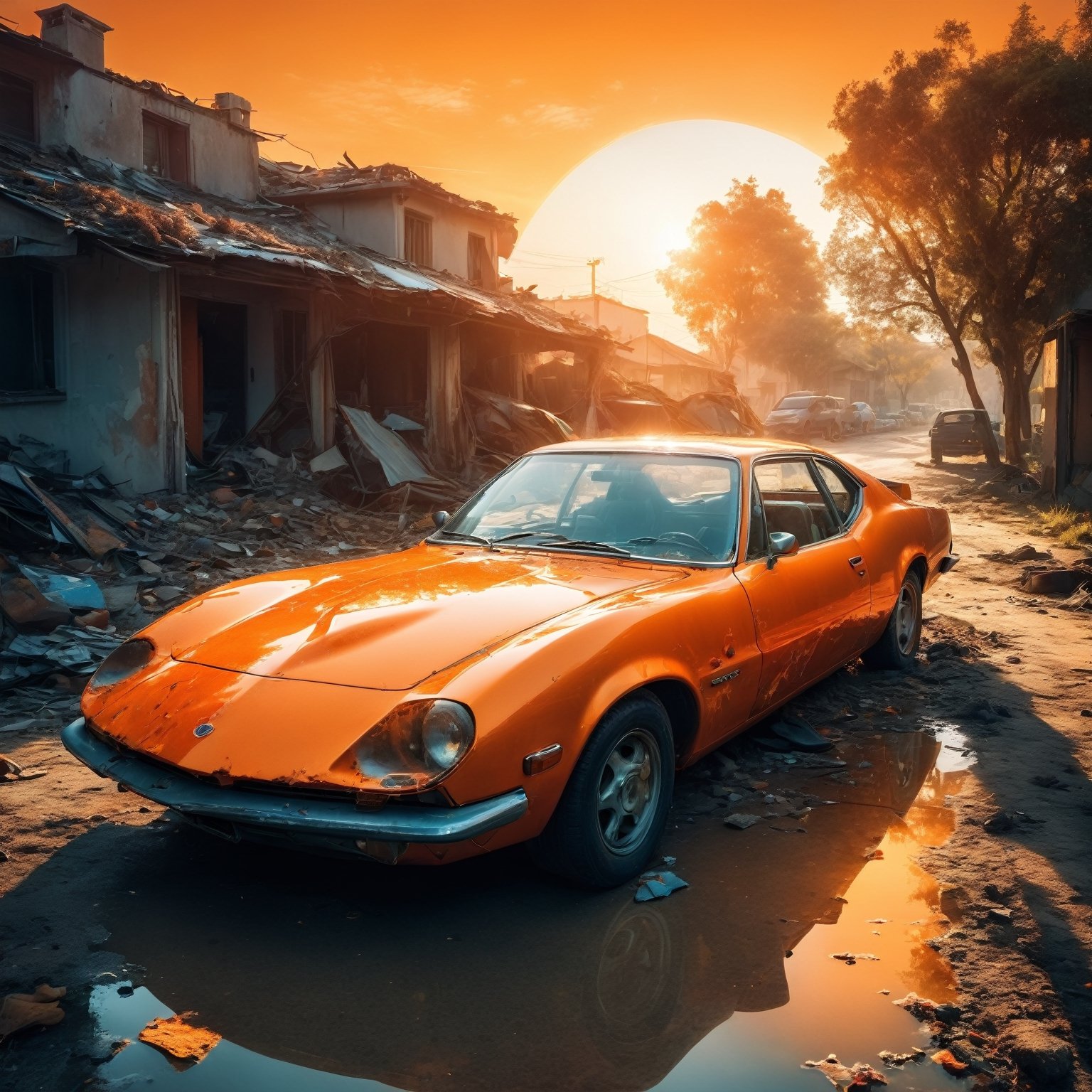 lovely double exposure image by blending together a wrecked cars and a glass orange. The sky should serve as the underlying backdrop, with its details subtly incorporated into the glossy glass orange, sharp focus, double exposure, glossy orange, (translucent glass figure of an orange) (sky inside) lifeless, dead, earthy colors, decadence, intricate design, hyper realistic, high definition, extremely detailed, dark softbox image, raytracing, cinematic, HDR, photorealistic (double exposure:1.1), IncrsXLRanni