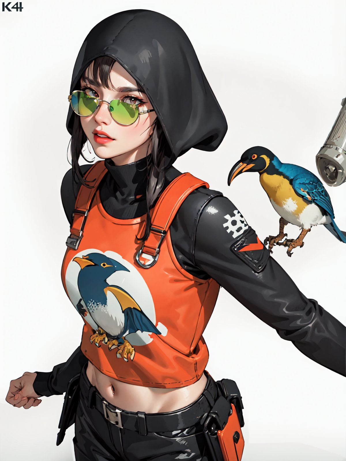 (masterpiece:1.2, best quality), illustration, penguin character wearing trendy colorful sunglasses, orange juice splash, sliding, t-shirt design, 3D vector art, cute, fantasy art, bright color, latexskin, close-up, white background, low-poly, soft lighting, bird's-eye view, isometric style, retro aesthetic, focused on the character, 4K resolution, photorealistic rendering, using Cinema 4D,dragonborn,ohara koson