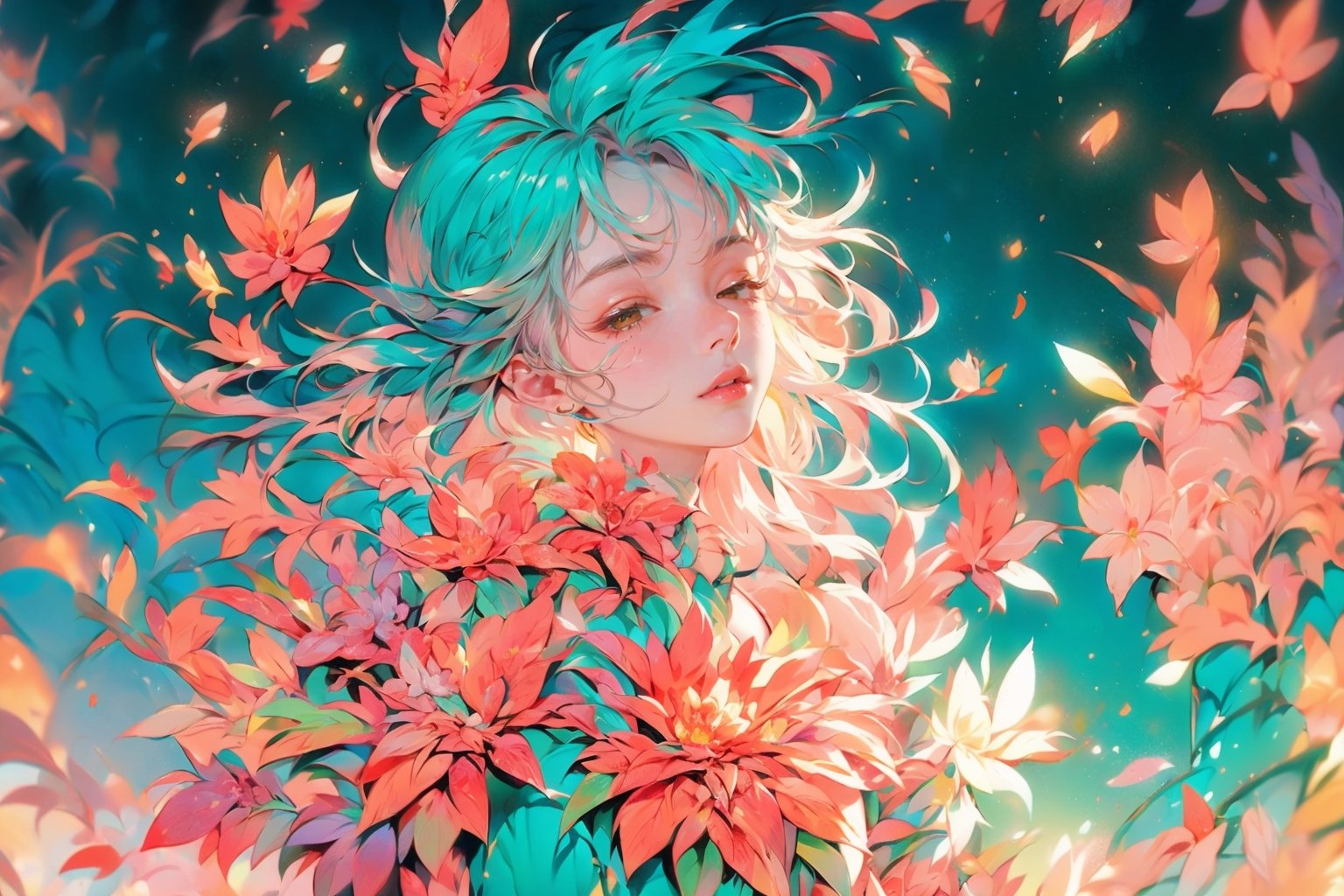 woman, leafy dress, colorful, crying, sunset background,flower armor, mauve and yellowish green theme, exposure blend, Bird's-eye view, bokeh, (hdr:1.4), high contrast, (cinematic, teal and orange:0.85), (muted colors, dim colors, soothing tones:1.3), low saturation,midjourney
