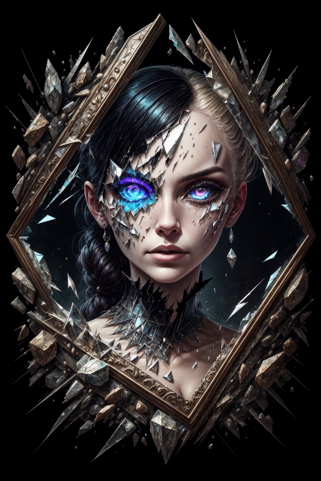 a close up of a painting of a woman's face with a broken face, cracked diamond face, burning , fragmented, abstract portrait, nicolas delort, surreal dark art, stefan gesell, shattered, dark schizophrenia portrait, inspired by Igor Morski, shattered abstractions, broken mirror, broken mirrors composition, shattered wall, 4 k symmetrical portrait, medium shot, Detailedeyes,cloudstick diamond swirls,