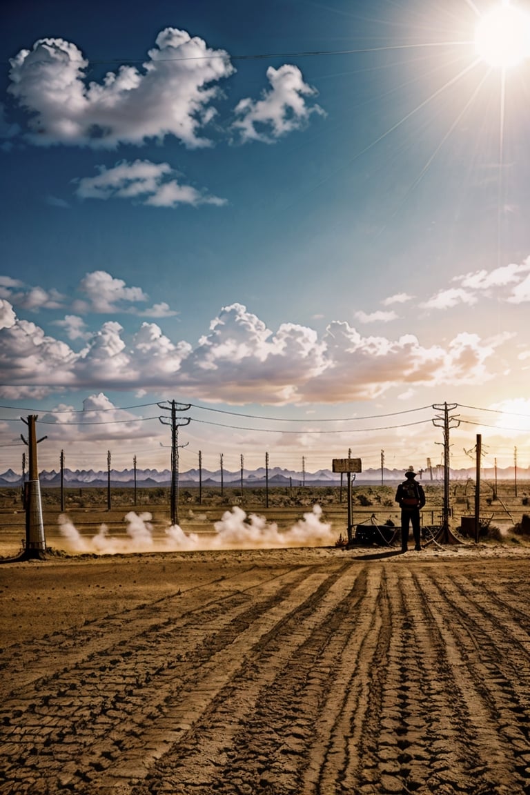 1 man, a man looked out across the vast wasteland, The air seemed thick with heat and dirt,  electric fence, FFIXBG, realism, analog, photorealistic,boichi manga style