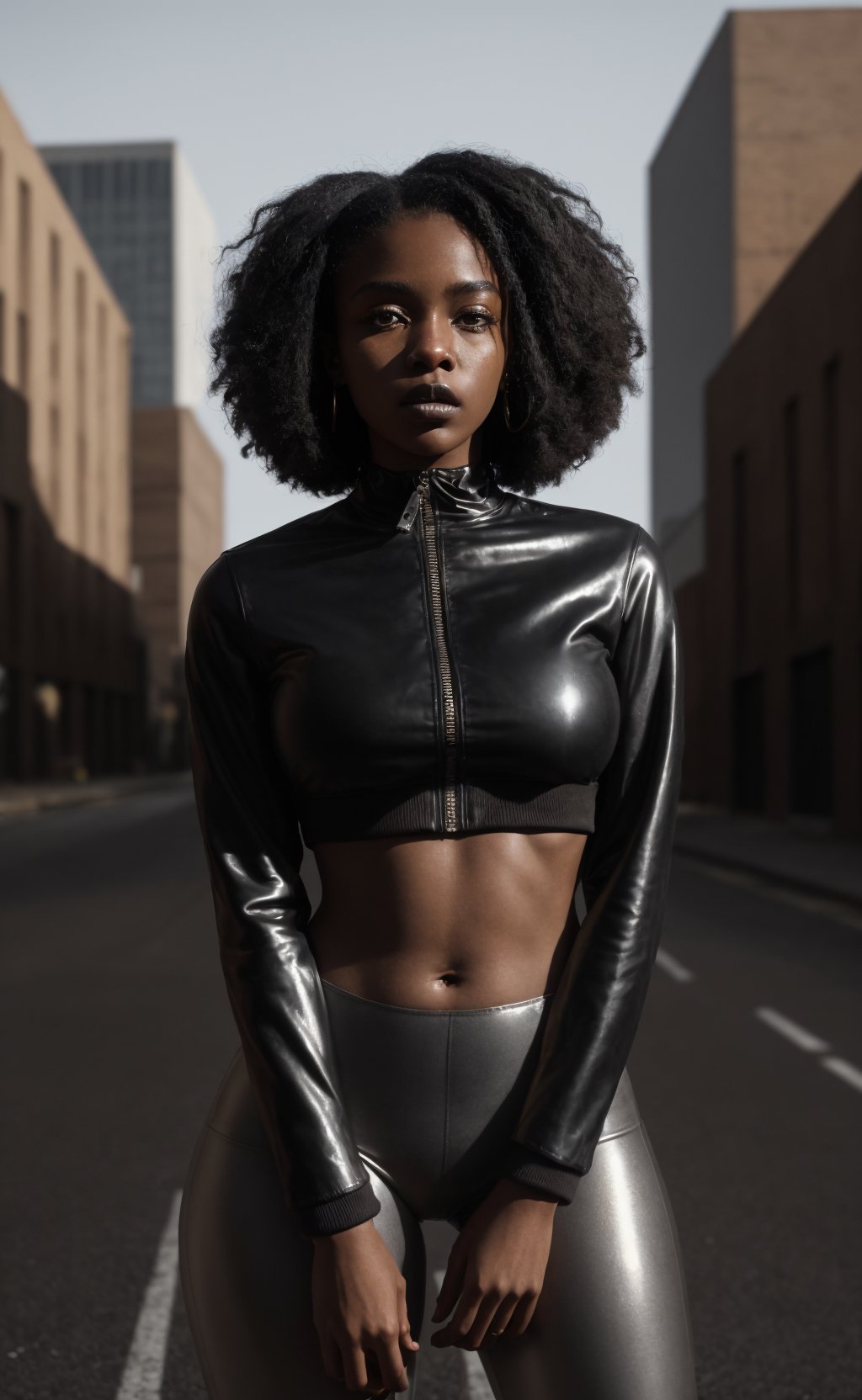 outdoors, a stunning young woman from South Africa with chocolate brown skin, ebony, black skin, natural-looking skin, black hair; wearing a leather jacket and a shiny top and shiny leggings, wearing gloves, dark black lipstick, urban background setting, cinematography, award-winning, crafted, elegant, meticulous, magnificent, maximum details, extremely hyper aesthetic, intricately detailed,8k, Realism, Detailedface, natural pose hands