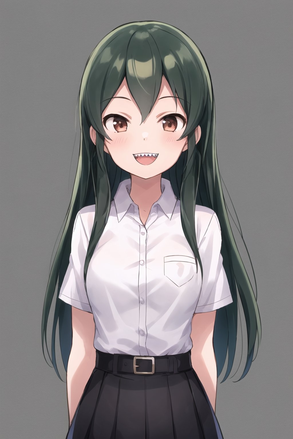 1girl, solo, ohishi izumi, green long hair, brown eyes,　small breasts, (white collared shirt:1.2), short sleeves, upper body, portrait, arms behind back, open mouth, smile, (sharp teeth:1.2), white simple background