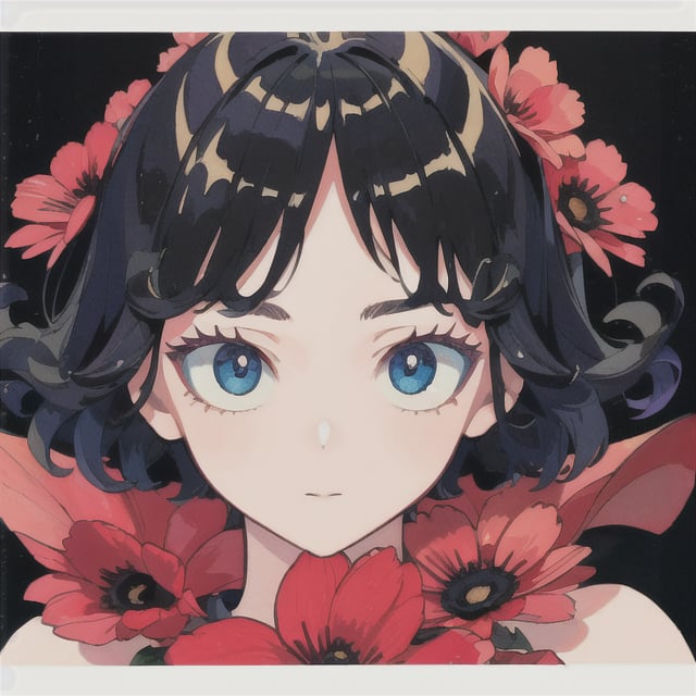 Best quality,masterpiece,ultra high res,1girl,beautiful_face,detailed skin,full body,black hair, blue_eyes ,looking at viewer,detailed eyes,detailed hair, fullbody,dark blue,detailed hands, full_body, detailed_hands, flowers, flower details, curly_hair, long legs, long limbs,