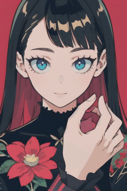 Best quality,masterpiece,ultra high res,1girl,beautiful_face,detailed skin,full body,black hair, blue_eyes ,looking at viewer,detailed eyes,detailed hair, fullbody,dark blue,detailed hands, full_body, detailed_hands, flowers, flower details, 