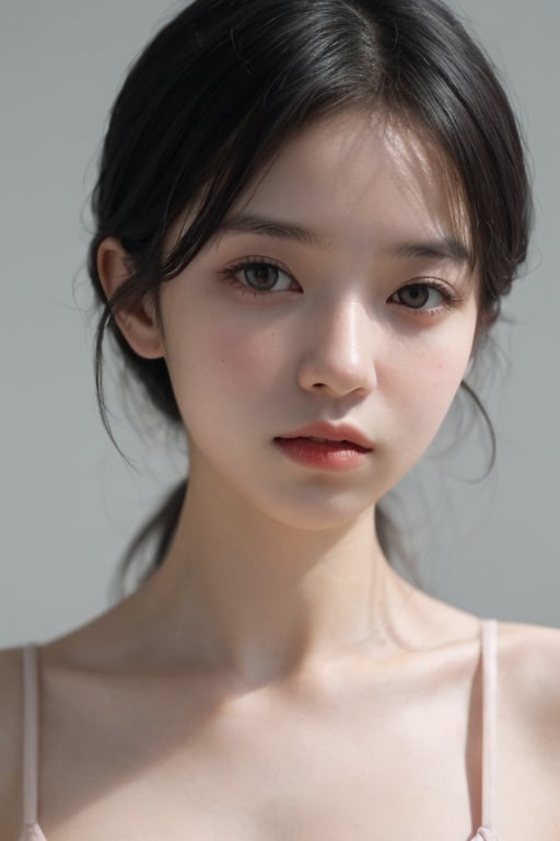 a 20 yo woman, 1girl, black hair, pale skin, soothing tones, muted colors, high contrast, (natural skin texture, hyperrealism, soft light, sharp), simple background, facing front, camera_pov, camera_view, chromatic_background, 