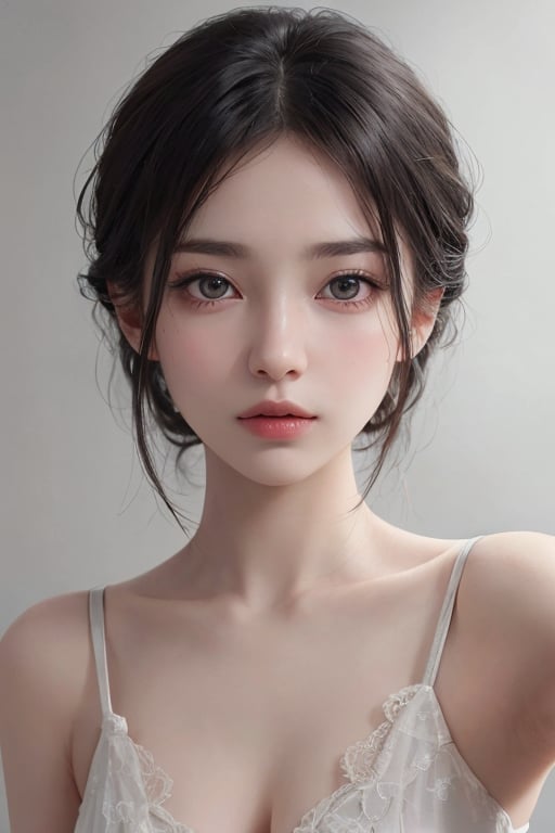 a 20 yo woman, 1girl, black hair, pale skin, big eyes, detailed eyes, soothing tones, muted colors, high contrast, (natural skin texture, hyperrealism, soft light, sharp), simple background, facing front, camera_pov, camera_view, chromatic_background, 