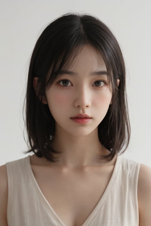 a 20 yo woman, 1girl, black hair, pale skin, soothing tones, muted colors, high contrast, (natural skin texture, hyperrealism, soft light, sharp), simple background, facing front, camera_pov, camera_view, chromatic_background, 