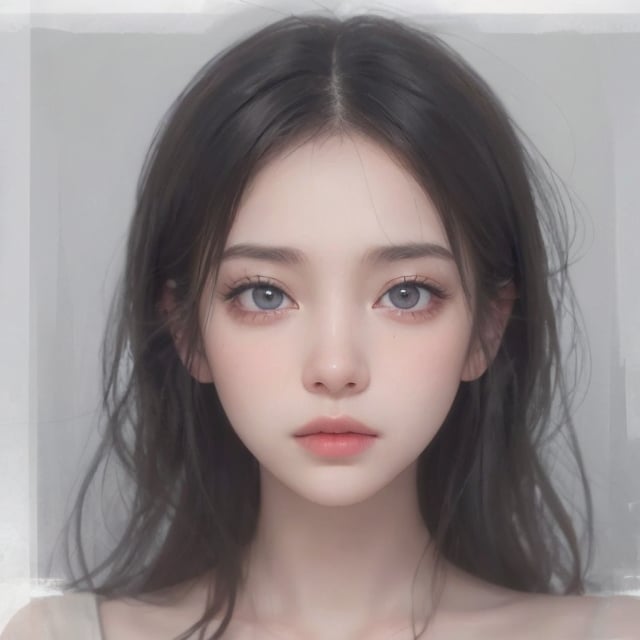 a 20 yo woman, 1girl, black hair, pale skin, big eyes, detailed eyes, soothing tones, muted colors, high contrast, (natural skin texture, hyperrealism, soft light, sharp), simple background, facing front, camera_pov, camera_view, chromatic_background, 