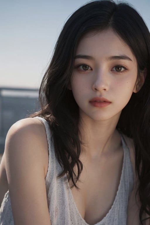 a 20 yo woman, wavy hair, black hair, pale skin, soothing tones, muted colors, high contrast, (natural skin texture, hyperrealism, soft light, sharp), simple background, facing front, camera_pov, camera_view,