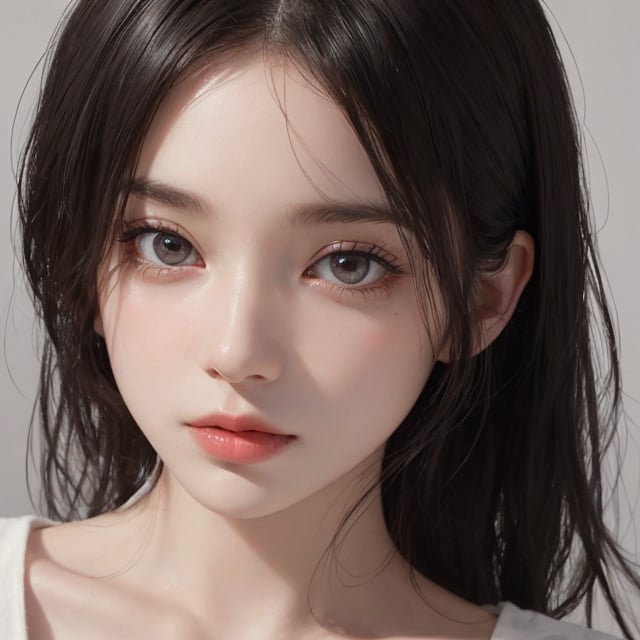 a 20 yo woman, 1girl, black hair, pale skin, big eyes, detailed eyes, soothing tones, muted colors, high contrast, (natural skin texture, hyperrealism, soft light, sharp), simple background, facing front, camera_pov, camera_view, chromatic_background, 