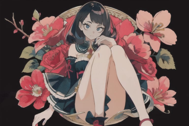 Best quality,masterpiece,ultra high res,1girl,beautiful_face,detailed skin,full body,black hair, blue_eyes ,looking at viewer,detailed eyes,detailed hair, fullbody,dark blue,detailed hands, full_body, detailed_hands, flowers, flower details, curly_hair, long legs, long limbs,