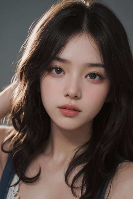 a 20 yo woman, wavy hair, black hair, pale skin, soothing tones, muted colors, high contrast, (natural skin texture, hyperrealism, soft light, sharp), simple background, facing front, camera_pov, camera_view,